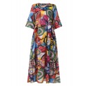 Women Retro Graffiti Print Round Neck Pleated Casual Maxi Dresses