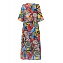 Women Retro Graffiti Print Round Neck Pleated Casual Maxi Dresses
