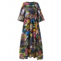 Women Retro Graffiti Print Round Neck Pleated Casual Maxi Dresses