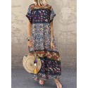 Women Casual Loose Cotton Floral Print Short Sleeve Dress
