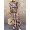 Women Casual Loose Cotton Floral Print Short Sleeve Dress