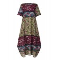 Women Casual Loose Cotton Floral Print Short Sleeve Dress