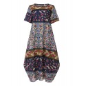 Women Casual Loose Cotton Floral Print Short Sleeve Dress