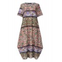 Women Casual Loose Cotton Floral Print Short Sleeve Dress