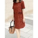 Contrast Color Pocket Short Sleeve Midi Casual Dress