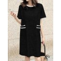 Contrast Color Pocket Short Sleeve Midi Casual Dress