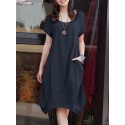 Solid Pocket Ruched Round Neck Short Sleeve Midi Dress