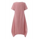 Solid Pocket Ruched Round Neck Short Sleeve Midi Dress