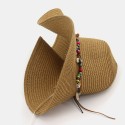 Women Sunscreen Vacation Beach Sun Hat Foldable Stylish Wild Brim Trinket Chain 