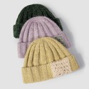 Unisex Acrylic Knitted Solid Color Striped Crochet Color-match Patch Warmth Brimless Beanie Landlord Cap Skull Cap