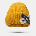 Women Knitted Solid Color Letter Raw Edge Patch Flanging All-match Warmth Beanie Hat