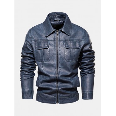 Men Zipper Lapel Pockets PU Leather Motorcycle Jackets Men Zipper Lapel Poc...