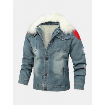 Mens Button Up Stone Washed Multi Pocket Fur Fluffy Collar Thick Casual Denim Jacket Mens Button Up Stone...