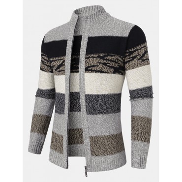 Men Striped Color Block Zipper Stand Collar Casual Cardigans Men Striped Color Bl...