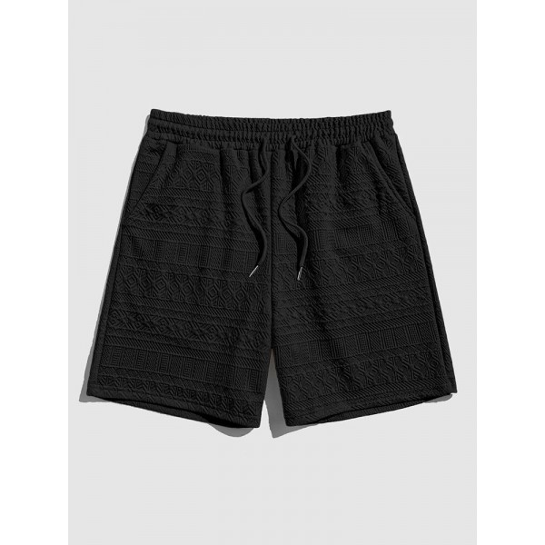 Mens Texture Knit Drawstring Waist Casual Shorts With Pocket