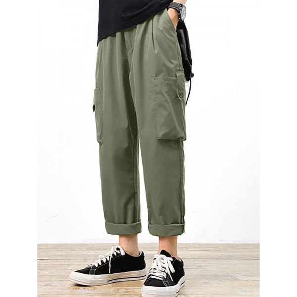 Mens Solid Drawstring Waist Casual Cargo Pants