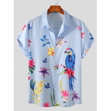 Men Birds & Flower Buttons Short Sleeve Lapel Casual Breathable Shirts Men Birds & Flower B...