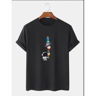 100% Cotton Mens Cartoon Astronaut Planet Print Short Sleeve Funny T-Shirts 100% Cotton Mens Car...