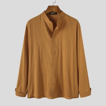 Men Cotton Solid Button down stand Collar Breathable Shirts Men Cotton Solid But...