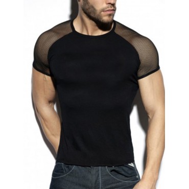 Men Contrast Mesh Patchwork Crew Neck Short Sleeve T-shirt Men Contrast Mesh Pa...