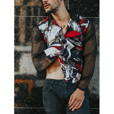 Men Abstract Print Mesh Patchwork Long Sleeve Lapel Collar Shirt Men Abstract Print M...