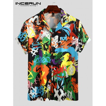 Men Contrast Graffiti Colorblock Soft Breathable Graceful Leisure Shirts Men Contrast Graffit...