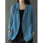 Women 100% Cotton Solid Color Button Front Business Thin All-Match Blazer With Pocket Women 100% Cotton So...